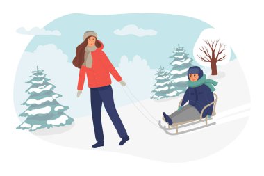 Anne çocuğuyla kızak yapmış. Ebeveyn, çocuk birlikte dışarıda eğleniyor. Aile uykusu. Kış tatili aktivitesi. Beyaz arka planda izole edilmiş sevimli çizgi film karakterleri. düz vektör illüstrasyonu.
