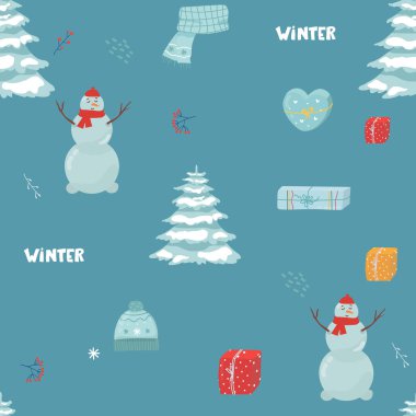 Kardan adamla kusursuz Noel deseni, hediyeler, köknar, düz, vektör, duvar kağıdı için mükemmel, ambalaj kağıdı, desen dolguları, kış selamları, web sayfası, yeni yıl tebrik kartları, Noel tebrik kartları