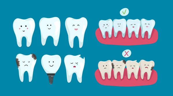 Zestaw czystych i chorych znaków dentystycznych na niebieskim tle, wybielanie zębów. Koncepcja zdrowia dentystycznego. płaska pielęgnacja jamy ustnej, regeneracja zębów. Białe zęby. — Wektor stockowy