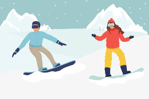 Snowboard. Un par de snowboarders en las montañas. Deportes de invierno y recreación. Centro de snowboard con hombre joven, mujer. vector plano ilustración invierno paisaje — Vector de stock