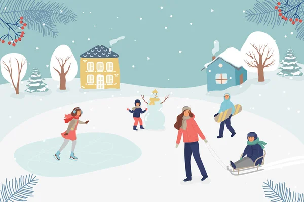 Winter sport scene, Kerst straat evenement, festival en kermis, met mensen, gezinnen maken plezier, schaatsen meisje, moeder rolt het kind een slee. plat — Stockvector