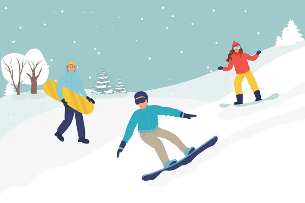 Snowboard Dağlarda Birkaç Snowboardcu Kış Sporu Eğlence Genç Bir Adamla — Stok Vektör