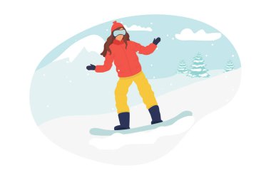 Vektör karikatür snowboardcu atlayışı. Snowboard 'daki genç kadın ya da kız. Sade kış. Çizgi film tarzında düz vektör çizimi. spor.