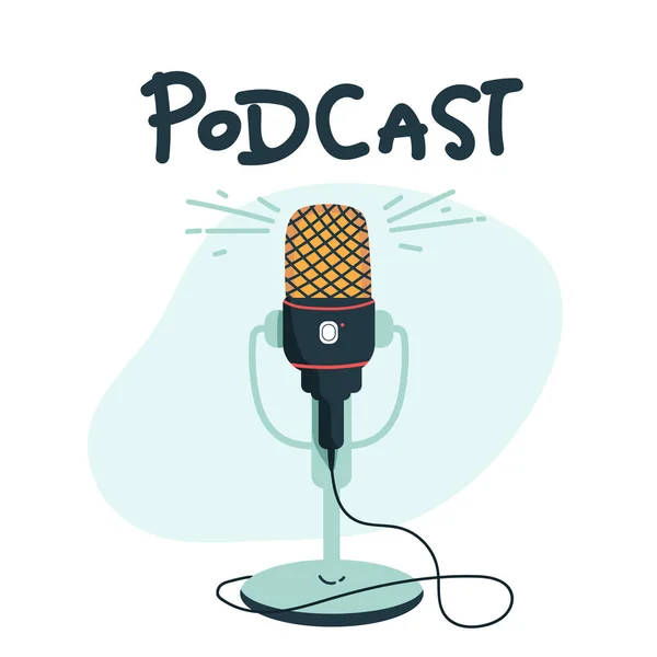 Mikrofon, podcast illüstrasyon. Medya. Yazı podcast 'ini imzalayın, iş yerinde yayınlar yapın. İzole çizgi film Vektörü. Rüzgâr çizimi. düz .