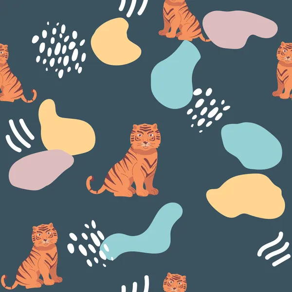 向量无缝模式与老虎隔离在蓝色背景。抽象的形状。用于织物或壁纸设计的动物背景。年除夕2022年的背景日历。中文符号 — 图库矢量图片