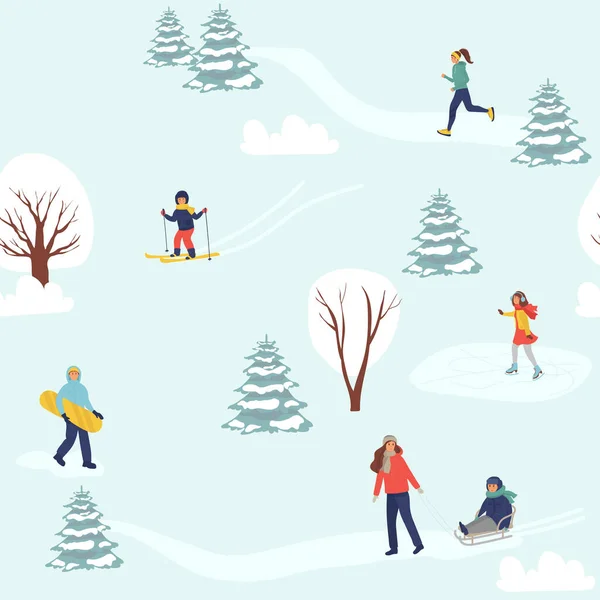 Seamless pattern with men, women and kids performing winter activities. Backdrop with people dressed in outerwear sledding, skiing, snowboarding, skating. Seasonal flat vector illustration. — Stock Vector
