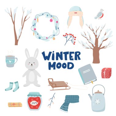 Bayram ikonlarından oluşan bir süveter seti, Noel hediyesi. Noel zamanı için çocuk resimleri. Albüm koleksiyonu. Kış tebrik kartı. - Mutlu yıllar. Ağaç tavşanı, kızak, çay, eşarp, şapka, kuş