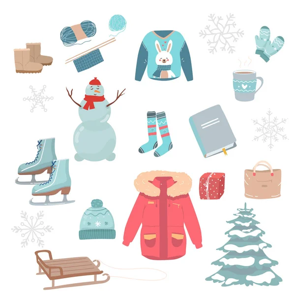 Векторный набор праздничных икон свитер, рождественские украшения, пряничное печенье, свечи, подарок, снеговик. Детская иллюстрация на Рождество. Собрание скрапбуков. Зимняя открытка. С Новым годом — стоковый вектор