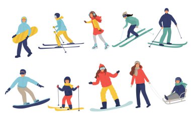 Kışın buz pateni giymiş, snowboard kayağı yapan çocuklar. Erkek kadın çizgi film snowboard binicileri. Kış dağı spor aktiviteleri. Vektör illüstrasyon düzlüğü.