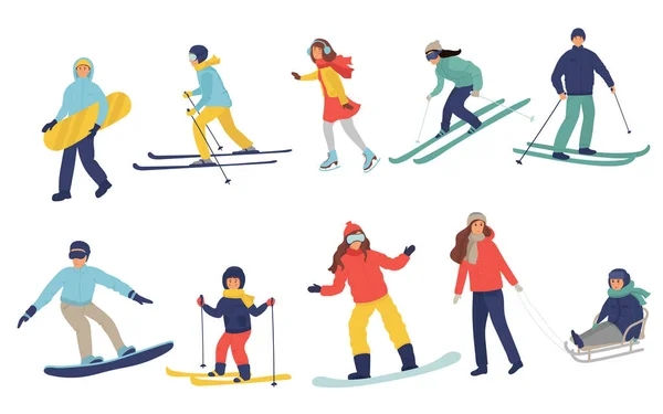 Kışın buz pateni giymiş, snowboard kayağı yapan çocuklar. Erkek kadın çizgi film snowboard binicileri. Kış dağı spor aktiviteleri. Vektör illüstrasyon düzlüğü.