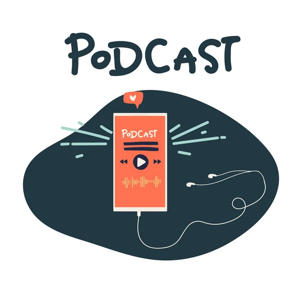 Концепція Podcast Вид Зверху Смартфона Додатком Прослуховування Подкастів Екрані Навушники — стоковий вектор