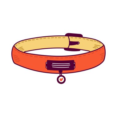 El çizimi şirin köpek, kedi tasması ikonu. Vektör çizimi. Evcil hayvanlar, tedarik konsepti, veteriner ikonu. Çizgi film köpek bakımı, tasma evcil hayvan dükkanı ya da evcil hayvan oteli için komik eşyalar. kırmızı