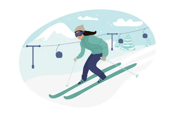 Young Woman Girl Riding Skis Snow Winter Flat Vector Illustration — Stock Vector