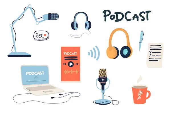 Podcast Show Vector Platte Cartoon Illustratie Met Verschillende Podcast Elementen — Stockvector