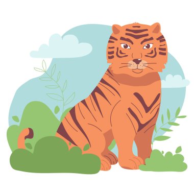 Beyaz arka planda şirin bir kaplan olan vektör kartı ve bırakıyor. Tişört için güzel bir hayvan izi tasarımı. Ev dekorasyonu için modaya uygun poster.