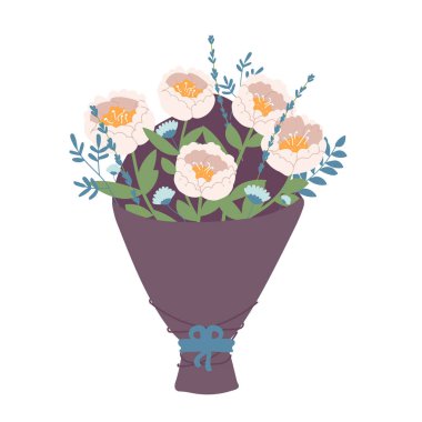 Arka planda çiçek buketi var. Bir demet gül, pembe lale yaprağı. Düğün hediyesi, tatil konsepti. Vektör düz tasarımı