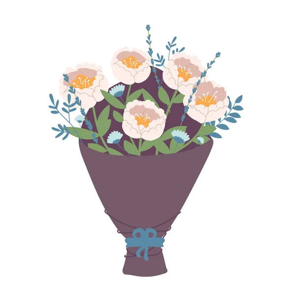 花の花束を背景に孤立した バラの束 ピンクのチューリップの花弁 結婚式 休日の概念のためのギフト ベクトルフラットデザイン — ストックベクタ