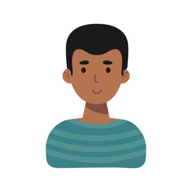 Adam duygusal ikon ile yüzleşiyor. Gülümseyen Amerikalı Afrikalı erkek karakter. Düz vektör çizimi beyaza izole edildi. Mutlu insan psikolojik portresi. Pozitif duygular kullanıcı avatarı. Uygulama için, web tasarımı