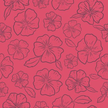 Çiçekli basit vektörsüz desen, kırmızı arkaplanda çizgi dokusu. Soyut çiçek duvar kağıdı, parlak fayans süsü.