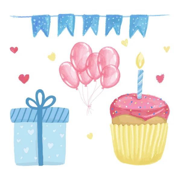 Suluboya doğum günü partisi öğeleri pasta hediye topları, mavi pembe beyaz üzerine.