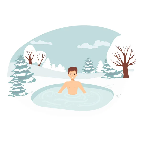 Male Character Swimming in Ice. Healthy lifestyle challenge, sport activity concept. Hole in Winter Season. man Temper, Healthy Lifestyle Challenge, Sports Activity. Vector Illustration landscape — Stock Vector