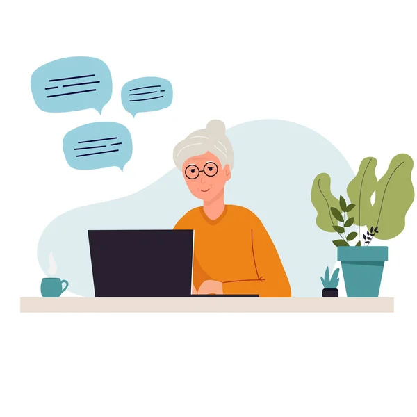 Grandmother is sitting with a laptop at home. I work on a computer. chatting Online education, training or social media concept. flat vector — Vetor de Stock
