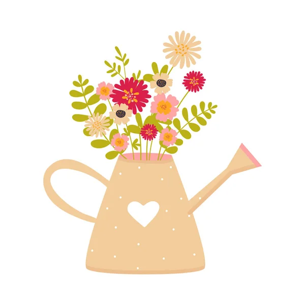 Flower bouquet in the yellow watering can. Cute flat hand drawn cartoon style vector illustration isolated on white background. Valentines day vector illustration for design. — Stockvektor