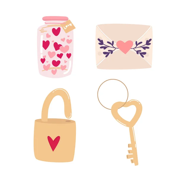 Hand Drawn Valentine Day Objects Cute Pink Elements Isolated White — Stok Vektör