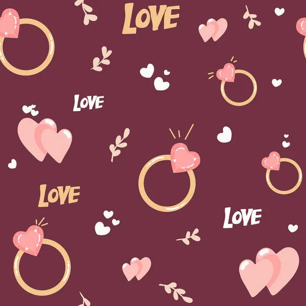 Seamless Pattern Engagement Rings Hearts Thin Line Flat Design Love — Image vectorielle