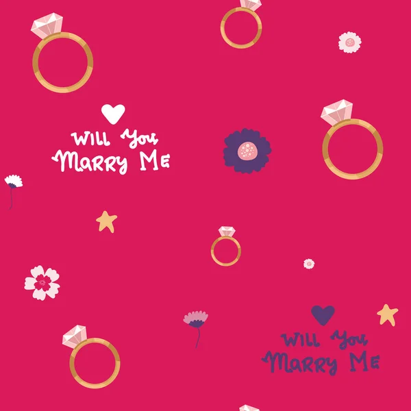 Diamond Engagement Ring Pattern Vector Seamless Repeat Pink Background Valentine — 图库矢量图片