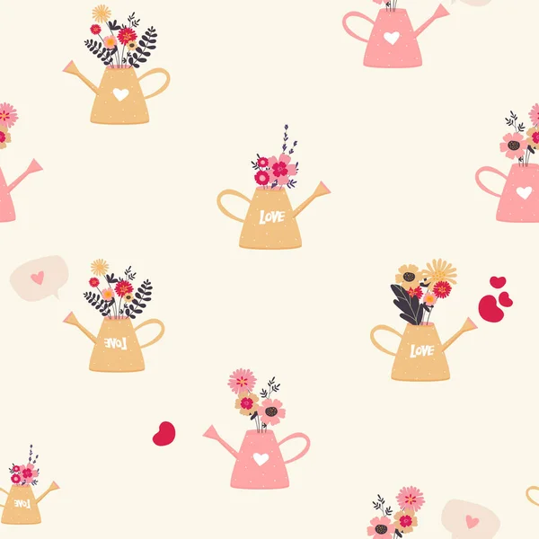 Cute Beautiful Flowers Pink Watering Can Vector Seamless Pattern Flat — ストックベクタ