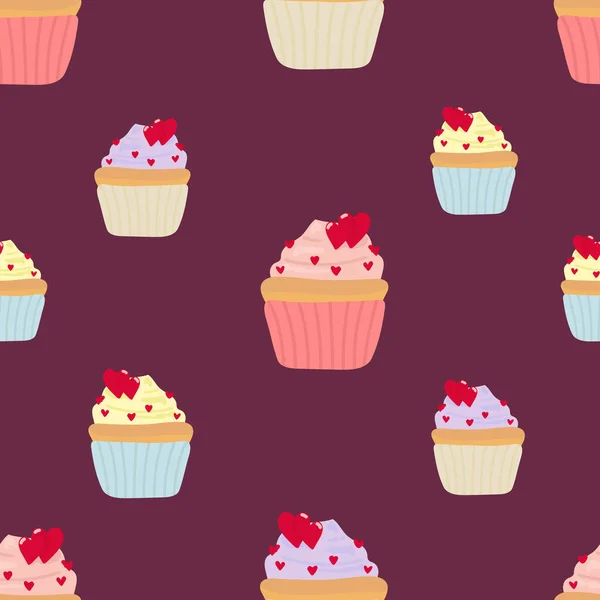 Cupcakes Decorated Hearts Seamless Pattern Cakes Dark Background Vector Illustration —  Vetores de Stock