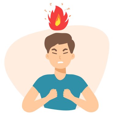 Kızgın adam. Öfkenin, öfkenin ve rahatsızlığın baş temsilcisi. Öfke, stres, stres, duygusal problem soyut kavram. Yanan beyin. Alev. düz karakter depresyonda ya da zihinsel hastalık.