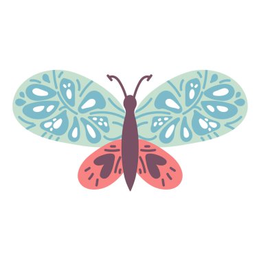 Beyaz arka planda izole edilmiş renkli kanatları olan mavi kelebek. El çizimi. Güzel uçan güve manzarası. Muhteşem egzotik bahar böceği. Renkli düz dokulu vektör çizimi