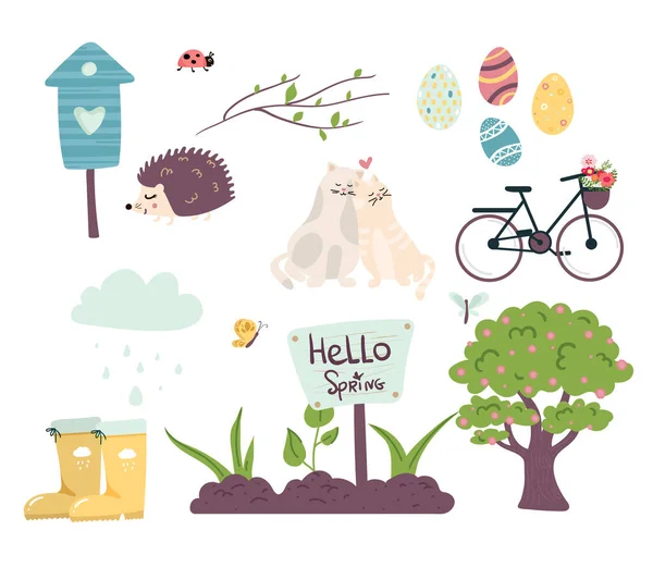 Set de primavera con animales lindos. Caricatura plana dibujada a mano. Vector ilustración gatos, bicicleta, pajarera, erizo, huevos de Pascua, mariposa, mariquita, botas de goma, árbol en flor, nube, lluvia, brotes, — Archivo Imágenes Vectoriales
