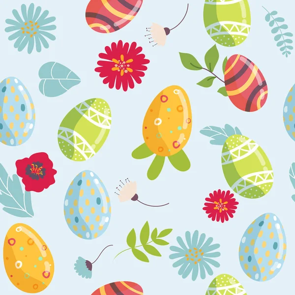 Patrón de Pascua sin costura vectorial. huevos de Pascua decorativos, flores de hojas de colores sobre un fondo azul para imprimir en tela, papel scrapbooking, papel de regalo y papel pintado. Ilustración vectorial. — Vector de stock