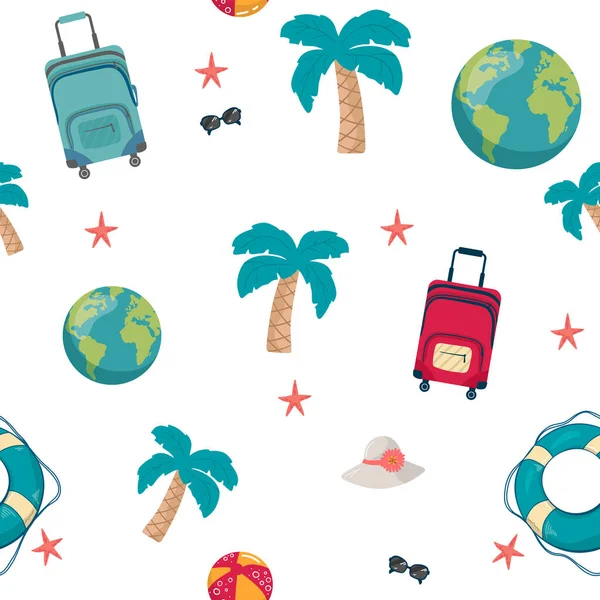 Seamless Pattern Palm Trees Planet Earth Suitcase White Concept Trip — Stock Vector