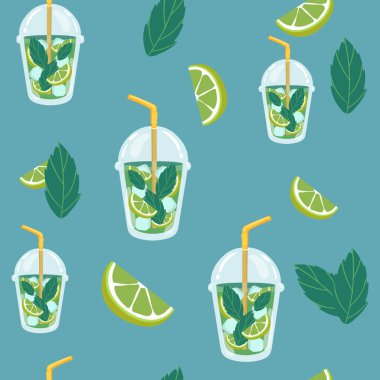 Mojito kokteyli ile kusursuz desen. Restoran menüleri ve şarap listeleri için çizim tarzında vektör illüstrasyonu.