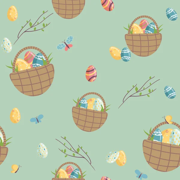 Feliz Día Pascua Patrón Sin Costura Con Huevos Canasta Pascua — Vector de stock
