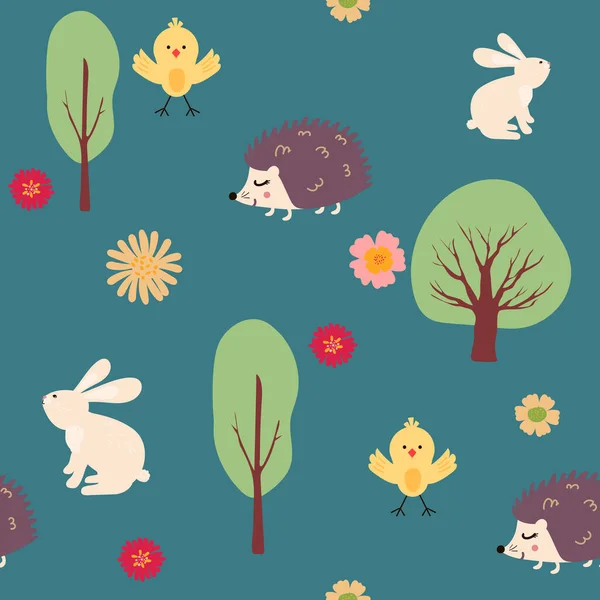 Cartoon Seamless Pattern Childish Hare Hedgehog Chick Flowers Trees Funny — Stock Vector
