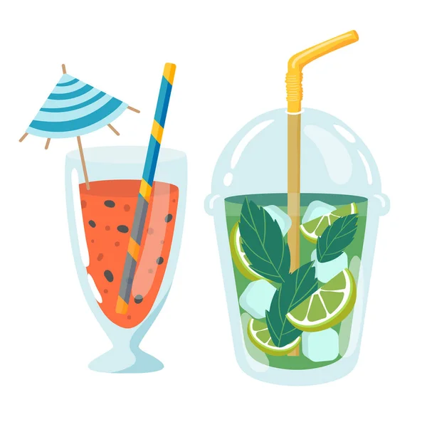 Vector Conjunto Cócteles Fiesta Paraguas Mojito Ilustración Cócteles Plano Dibujado — Archivo Imágenes Vectoriales