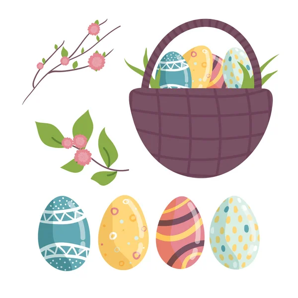 Набір Великодніх Яєць Декоративний Яйця Кошик Яйцями Гілки Плодовитими Квітами — стоковий вектор