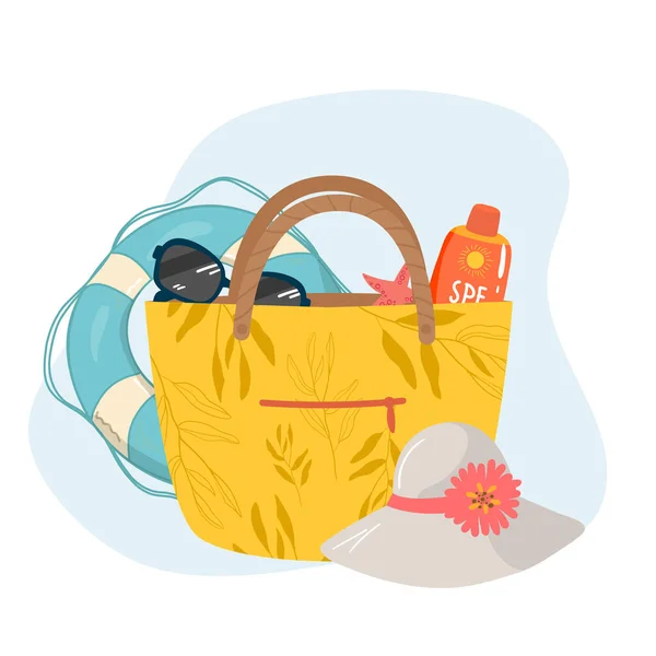 Female Bag Beach Accessories Sun Cream Sunglasses Hat Life Buoy — Stock Vector