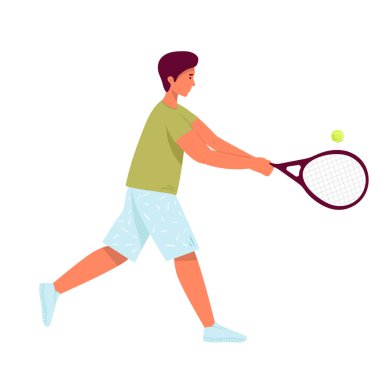 Tenis oynayan adam. düz karakter. Vektör çizimi. Adam raketi tutarken pozisyonunu göster. Sporcu büyük tenis oynuyor. Sızlanıp durdu. Erkek, şampiyonaya ya da eğitime katılıyor