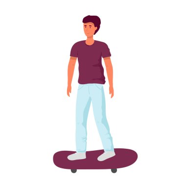 Tek başına kaykay süren genç bir adam. Düz çizim erkek karakter düz stil - kaykay süren adam