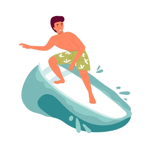 Vector surfer character with surfboard standing and riding on ocean wave. flat isolated on white — Stock Vector