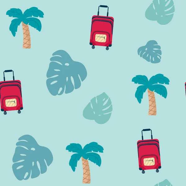 Seamless pattern with palm trees , with suitcase on blue . Concept trip on summer vacation. travel, — Stock Vector