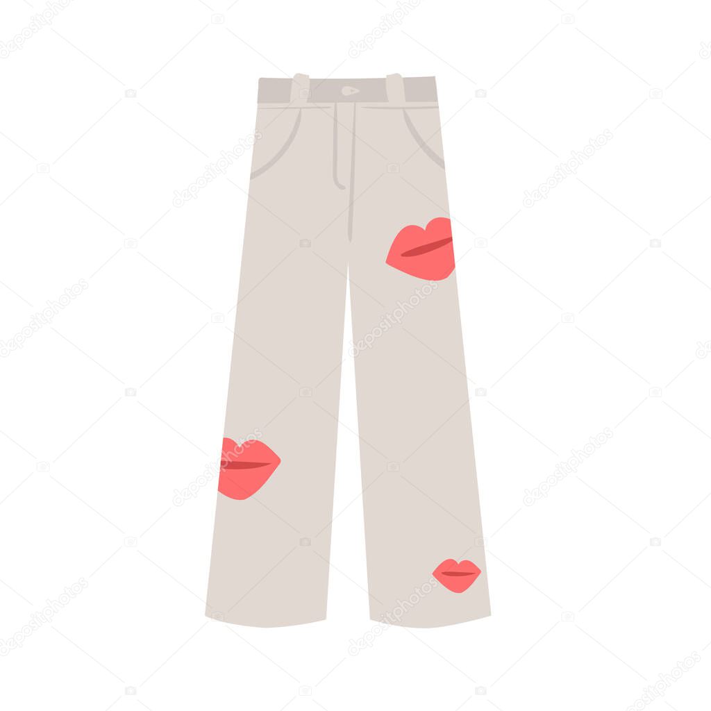 womens ultara fashion lip print pants. White pants. isolated on white