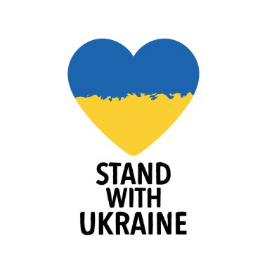 Ukrayna 'nın yanında dur. İşgalci Rusya ile savaşta Ukrayna 'ya destek sözü. Ukrayna bayrağı taşıyan bir kalp. beyaz üzerine izole