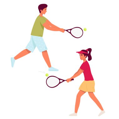 Tenis oynayan bir erkek, bir kadın. düz karakter. Vektör çizimi. Adam raketi tutarken pozisyonunu göster. Sporcu büyük tenis oynuyor. Sızlanıp durdu. Katılımcı erkek 